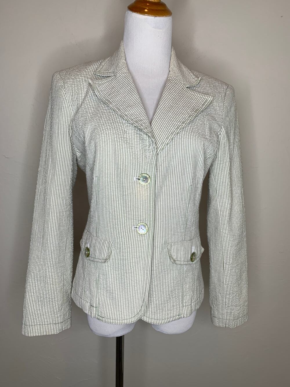 Harve Benard Petitie Seersucker Striped Green Blazer 10P